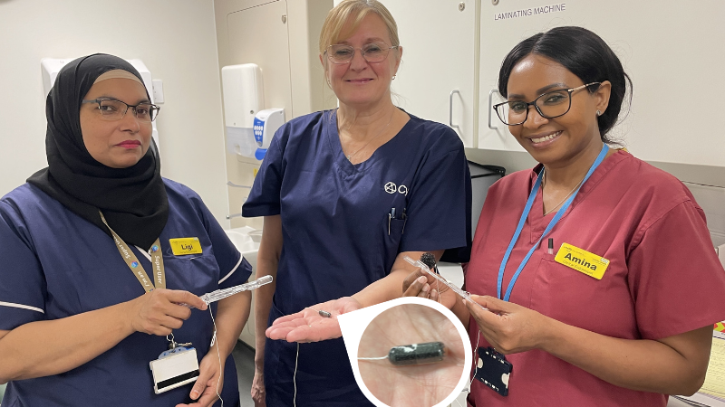 Members of the Heatherwood Hospital endoscopy team with the "sponge on a string" capsule