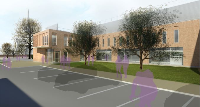 Artists impression of the new building. A two storey building faced in pale brick with large windows on the ground floor and a projecting entrance space. There is a grassy area and mature trees.