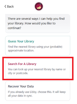 How to access Libby step 2 select search for a library