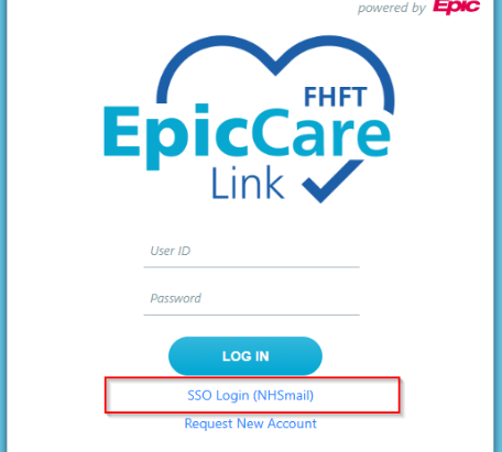 Login prompt with 'FHFT Epic Care Link' logo. User ID and password are requested, and below the 'log in' button- and highlighted in the image- is a link reading 'SSO login (NHSmail)'