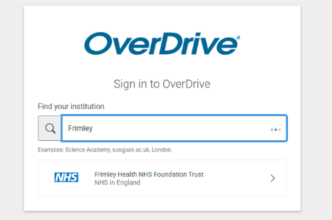 How to access Libby step 6. select Frimley NHS Foundation Trust in the search box