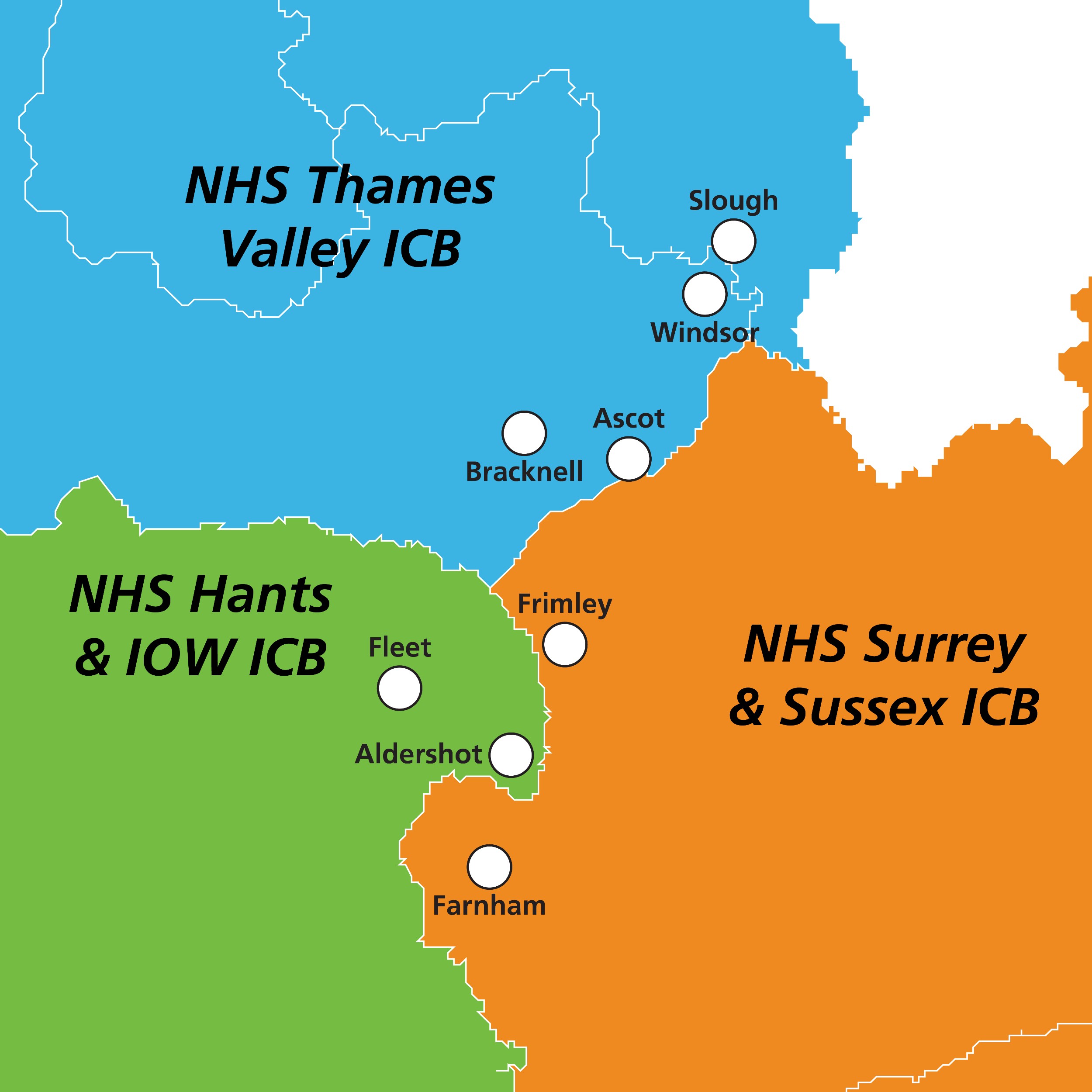 Map showing the Frimley Health population area and how the ICBs cover that area