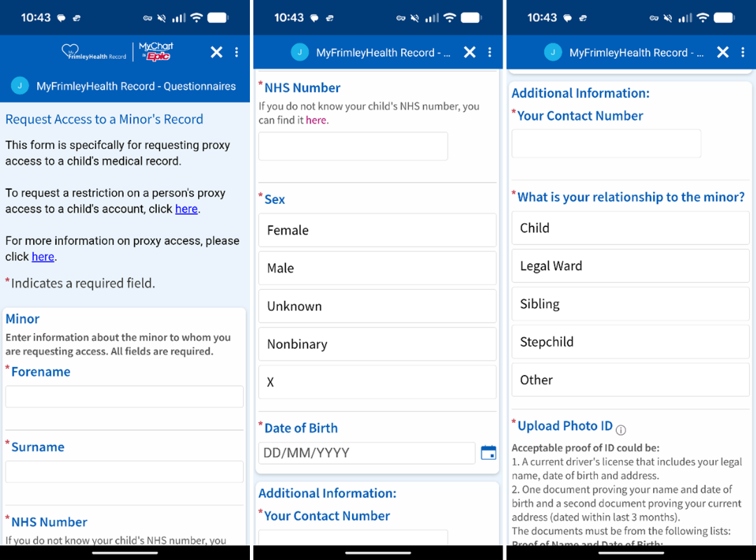 Screenshots from the MyFrimleyHealth Record app