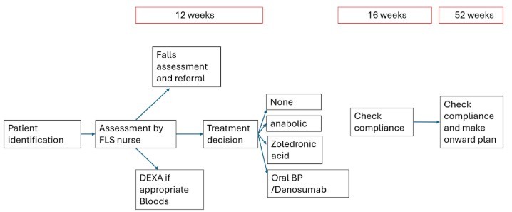 The flow chart appears to show the follow-up timeline after a patient is identified by the Fracture Liaison Service. At 12 weeks, the patient is assessed by the FLS nurse. If needed, a falls assessment/referral is completed, and if appropriate, a DEXA scan and blood tests are arranged. A treatment decision is then reached, which may include anabolic treatment, zoledronic acid, oral bisphosphonate/denosumab, or no treatment. At 16 weeks, compliance with treatment is checked, and at 52 weeks, longer-term management and ongoing bone health care are reviewed.