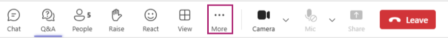 Teams event toolbar. The 7th button from left is highlighted- the 'more' menu. 