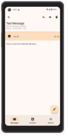 Device with test message header with message text below and a yellow audio playback bar with a play button