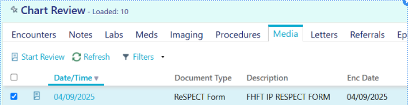 Epic care link view showing the ReSPECT form document in Chart Review, Media