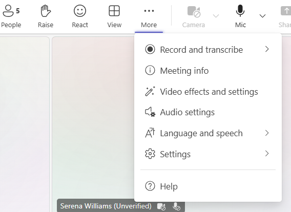 The expanded 'more' menu showing a loudspeaker symbol and 'audio settings' 