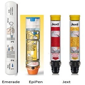 This picture shows 4 different types of treatment. There is an Emerade, EpiPen, Jext.