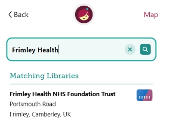 How to access Libby step 3 search for Frimley Health NHS Foundation Trust