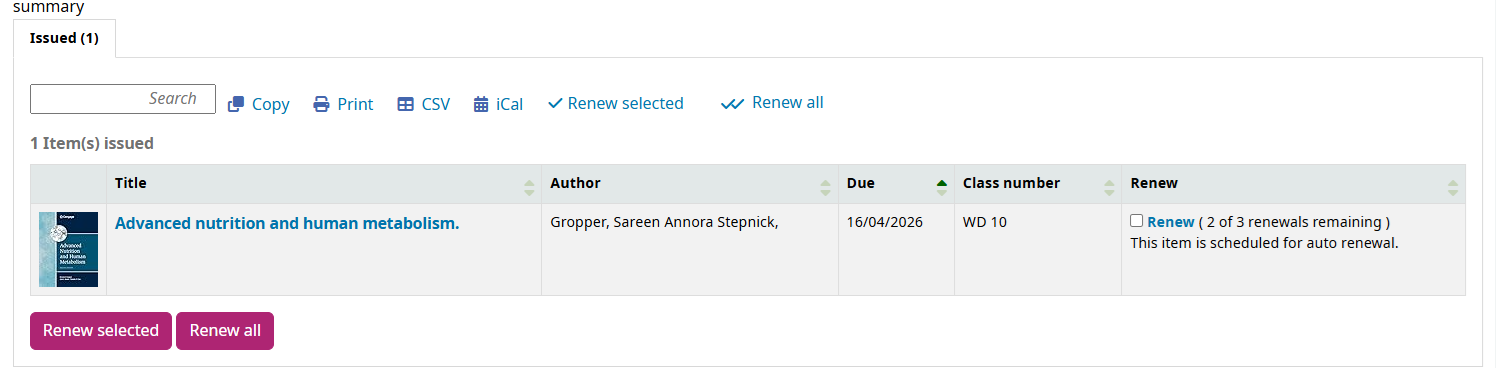 Detail of a user's record to view and renew loans 