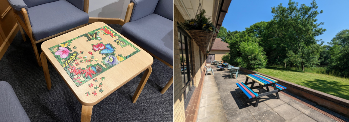 Photos of a seating area with an incomplete jigsaw, and an outside paved space with trees and picnic benches