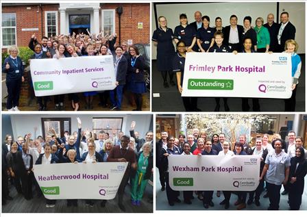 Four photos in one, each one shows a group of staff holding a banner celebrating the CQC results