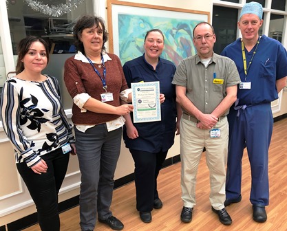 From left, clinical data manager Maggie Kuzmanovska, orthopaedic data administrator Felicity Kawkins, quality lead Emily Foster, orthopaedic data administrator Stewart Wise and consultant orthopaedic surgeon Andrew Perry.