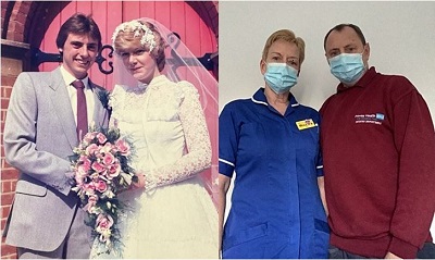 Michele and Chris on their wedding day and then at work in 2021
