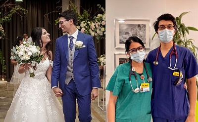 Anjana and Ash at their wedding and then at work in 2021