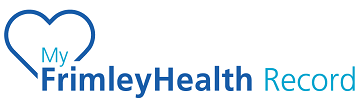 Logo: A heart outlined in blue with the words MyFrimleyHealth Record in blue
