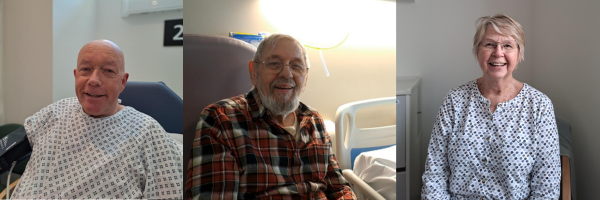 All are in middle age or older. Steve is white, balding, smiling, with a hospital gown on, and a blood pressure cuff on his right arm. Michael has glasses and a beard and is smiling. Sue has glasses and is smiling. All are seated in a hospital room.