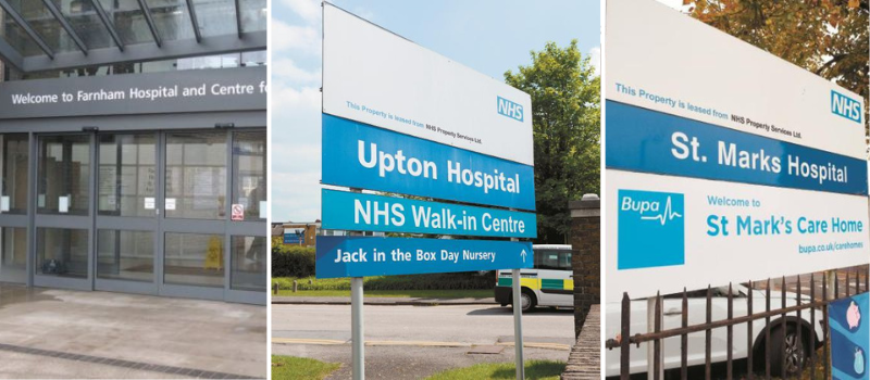 Images of the entrance to Farnham Hospital, an NHS sign for 'Upton Hospital- NHS Walk In Centre', and NHS sign for St Marks Hospital and St. Marks care home