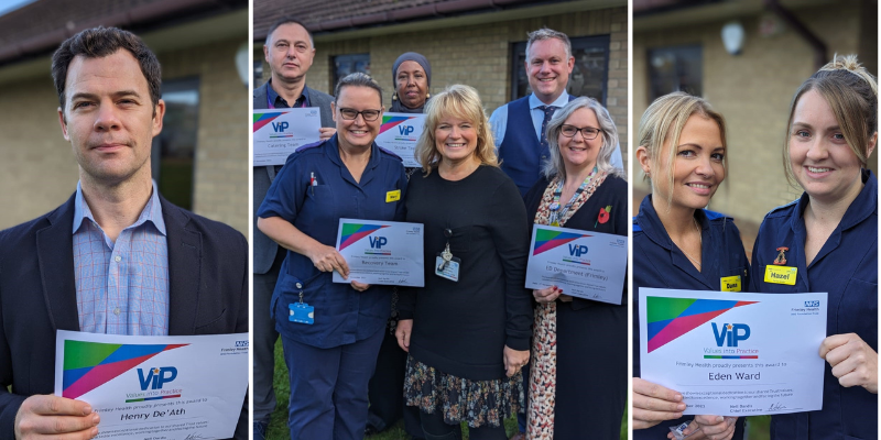 Photos of: Henry De'Ath, six staff from Frimley Park ED who cared for a stroke patient, and two staff from Wexhma Park Eden ward. All taken outside in front of a brick building.