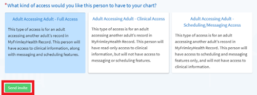 Screenshot showing a green button at bottom left of the options of type of access to give- reading 'send invite'.