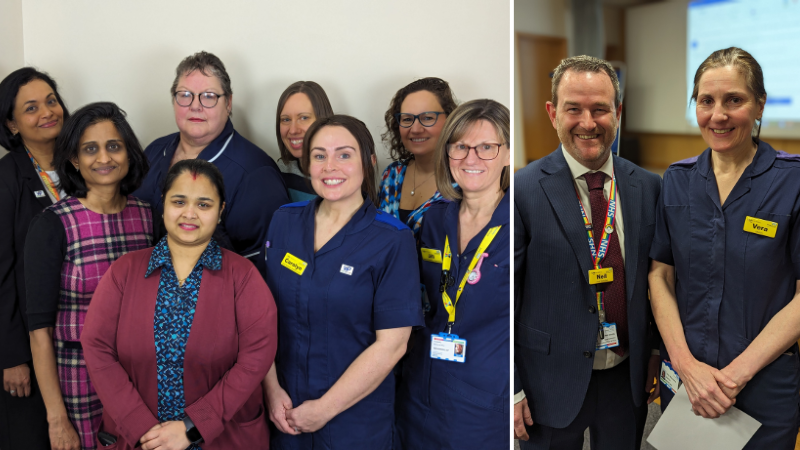 Collage with two photos- on left staff from the paediatric diabetes team, and on right Vera Gill-Wakatama alongside CEO Neil Dardis
